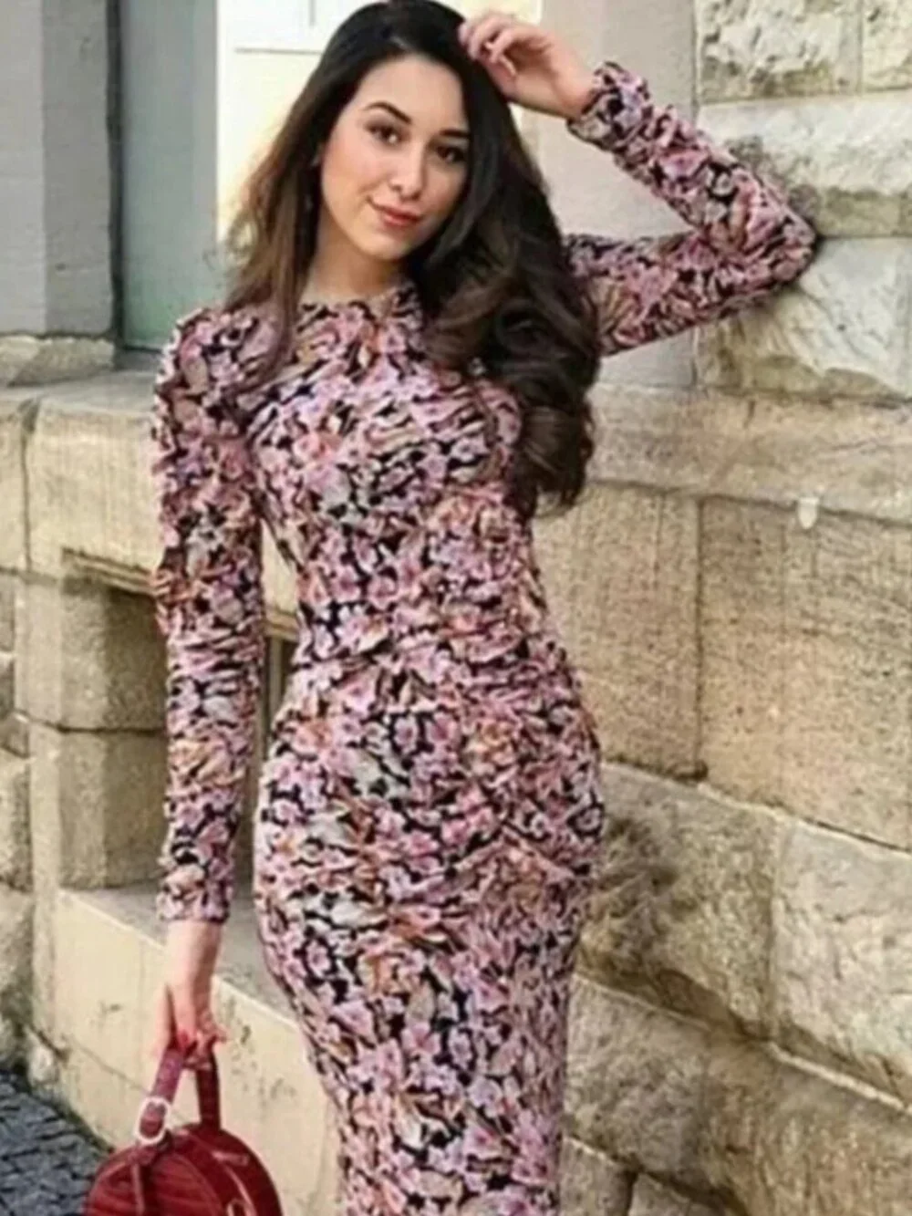 Zara Floral Ruched Midi Dress Puff Sleeve Blogger Favorite Black Pink Size Small - Picture 3 of 11